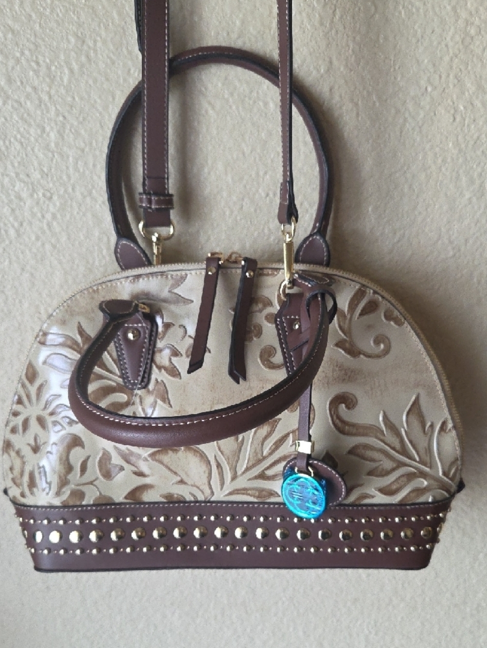 M.C Handbags Embossed Leather Satchel in Beige and Brown. - Picture 2 of 8